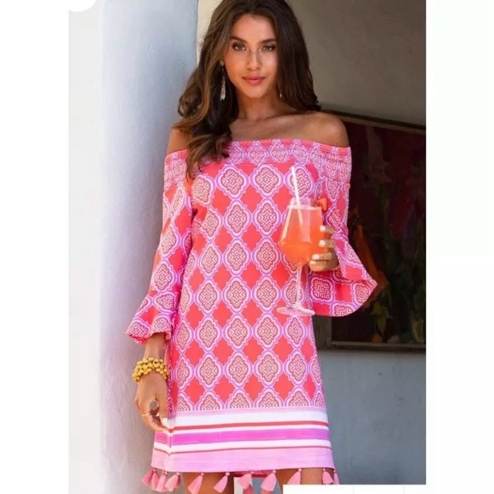 NWT Cabana Life Dress XL Coral Geo Coverlex Smocked Off The Shoulder UPF…